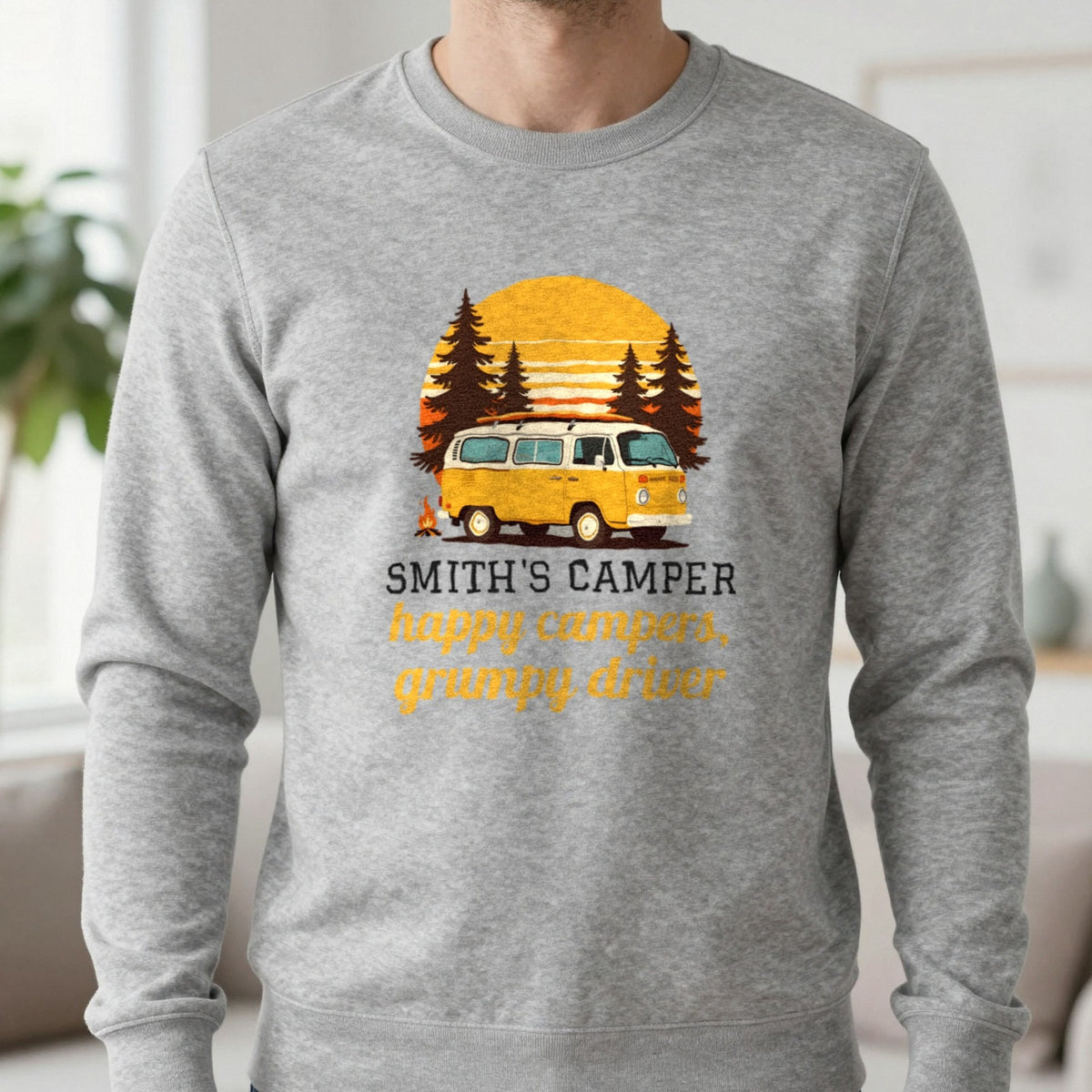Personalised Camper T-Shirt & Sweatshirt Sweatshirt in Sport Grey, worn, our photo