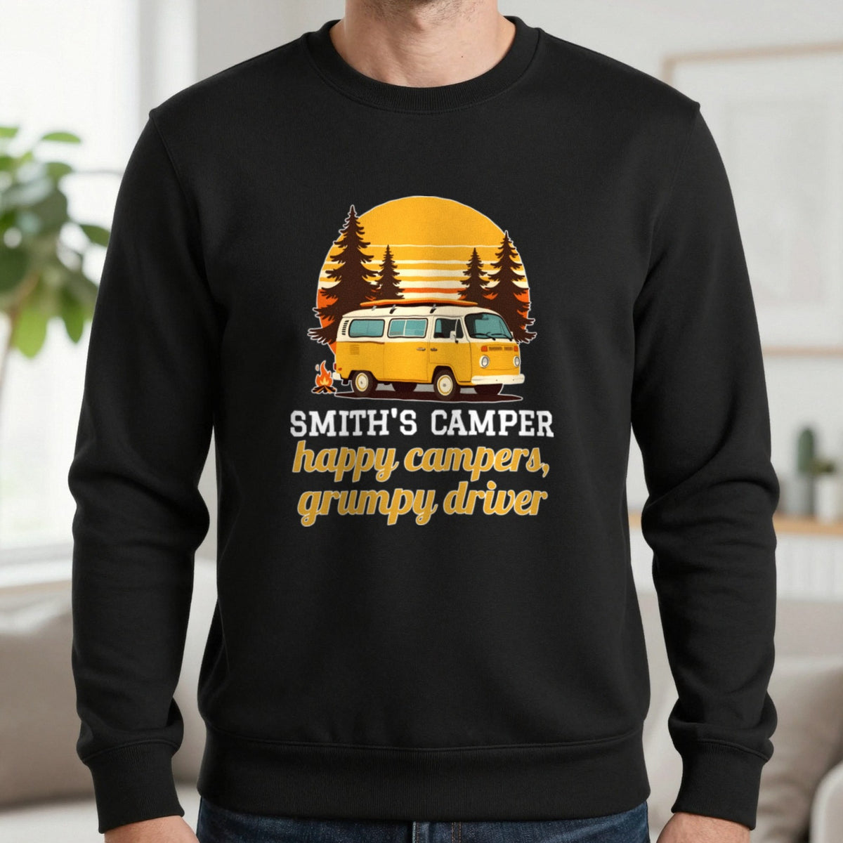 Personalised Camper T-Shirt & Sweatshirt Sweatshirt in Black, worn, our photo