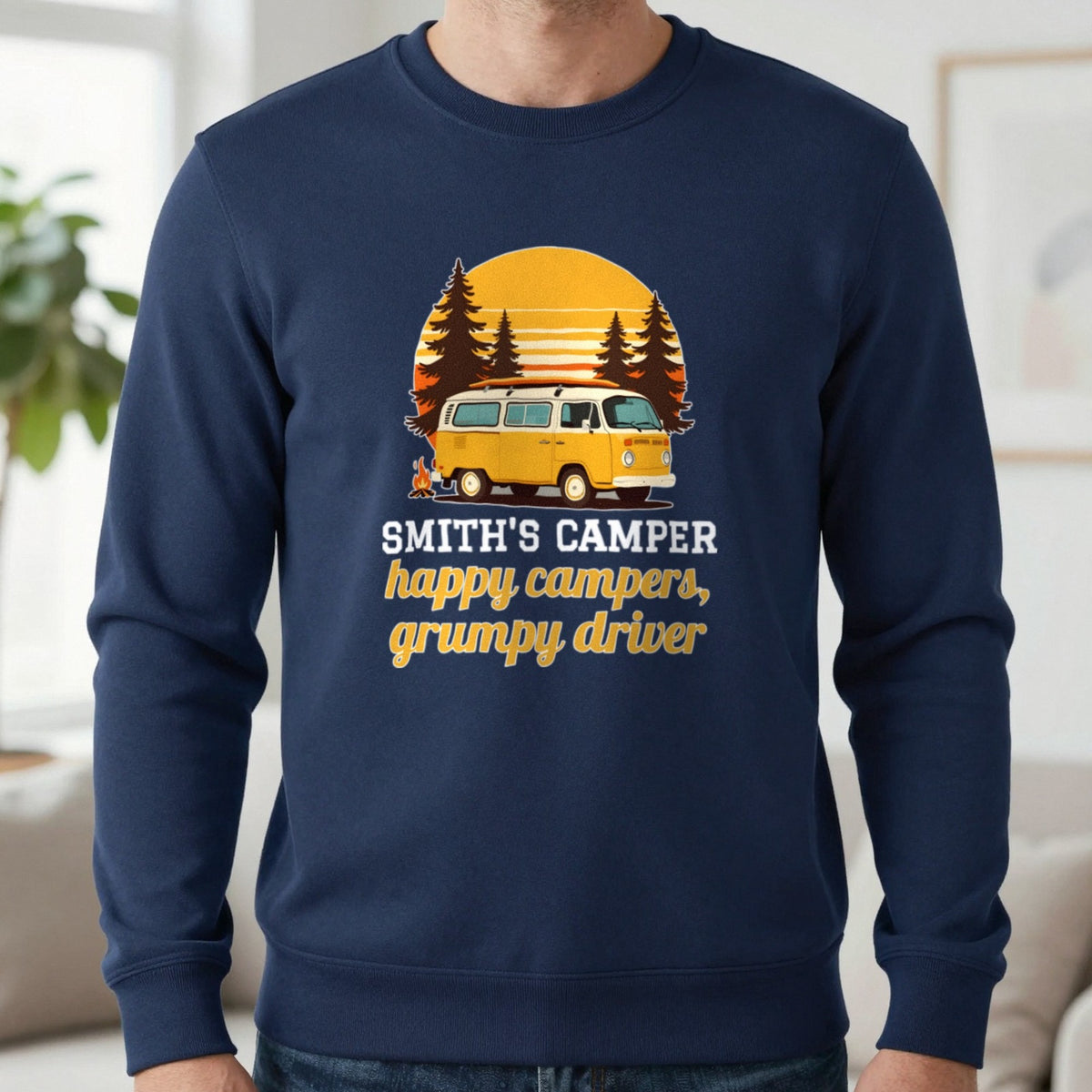 Personalised Camper T-Shirt & Sweatshirt Sweatshirt in Navy, worn, our photo