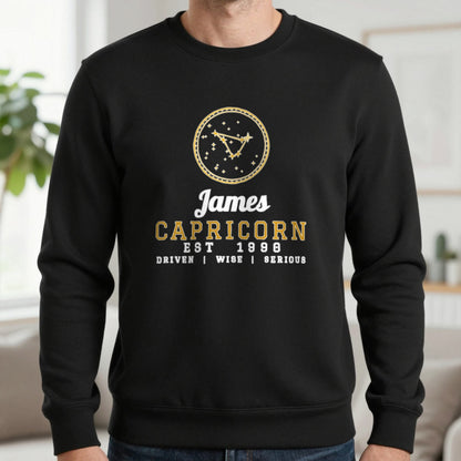 Personalised Capricorn T-Shirt & Sweatshirt Sweatshirt in Black, worn, our photo