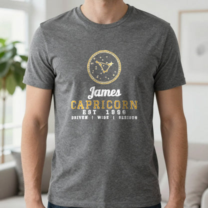 Personalised Capricorn T-Shirt & Sweatshirt T-Shirt in Charcoal, worn, our photo