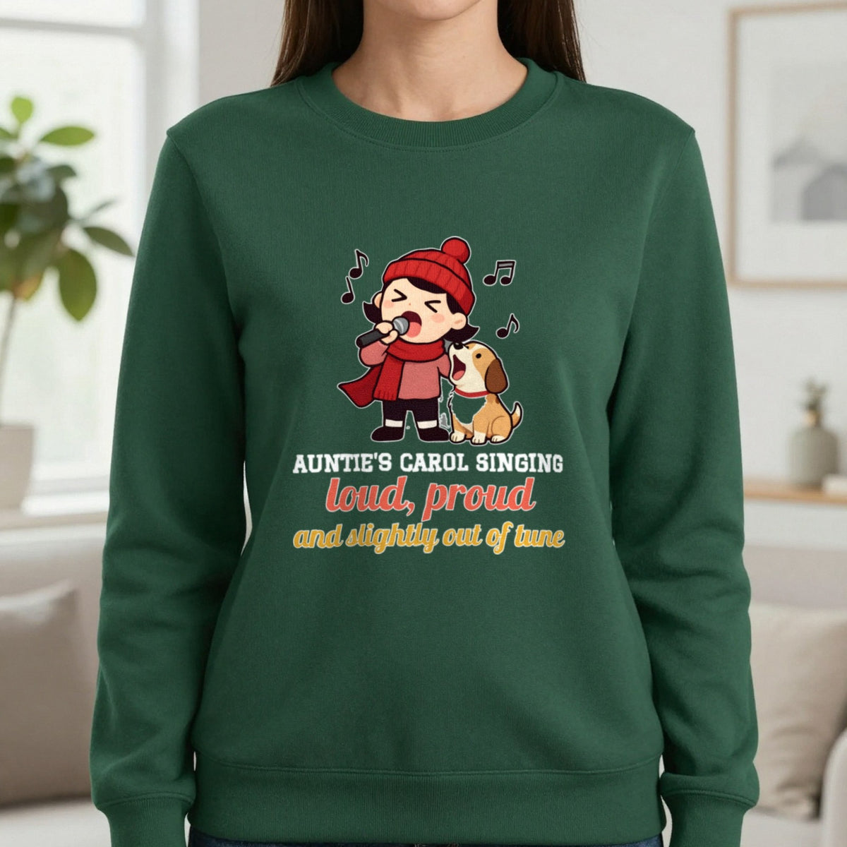 Personalised Carol Singing Christmas Jumper & T-Shirt Sweatshirt in Forest Green, worn, our photo