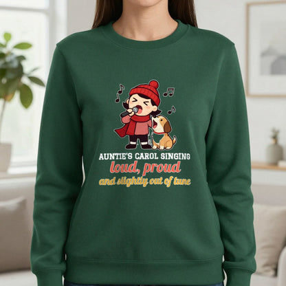 Personalised Carol Singing Christmas Jumper & T-Shirt Sweatshirt in Forest Green, worn, our photo