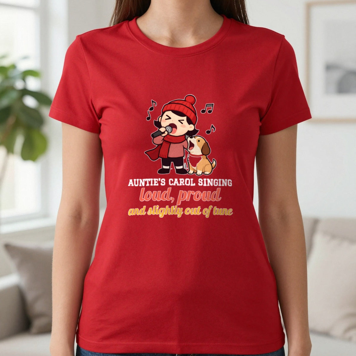 Personalised Carol Singing Christmas Jumper & T-Shirt T-Shirt in Red, worn, our photo