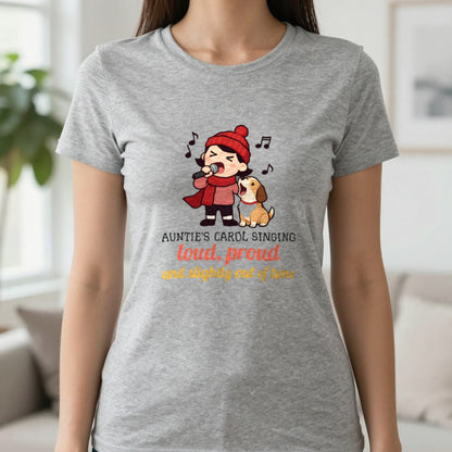 Personalised Carol Singing Christmas Jumper & T-Shirt T-Shirt in Sport Grey, worn, our photo