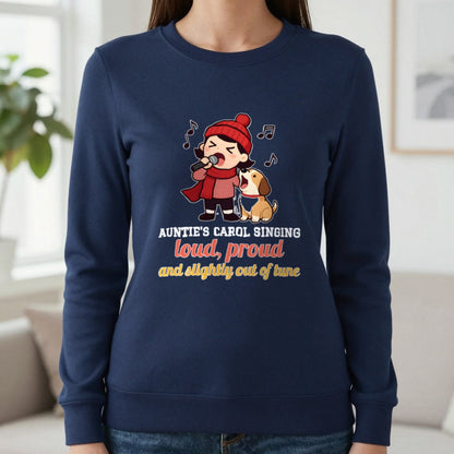Personalised Carol Singing Christmas Jumper & T-Shirt Sweatshirt in Navy, worn, our photo
