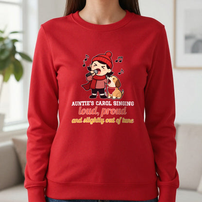 Personalised Carol Singing Christmas Jumper & T-Shirt Sweatshirt in Red, worn, our photo