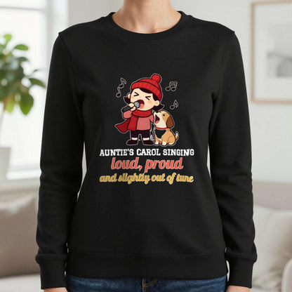 Personalised Carol Singing Christmas Jumper & T-Shirt Sweatshirt in Black, worn, our photo
