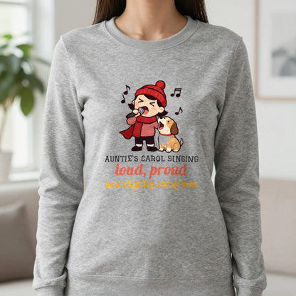 Personalised Carol Singing Christmas Jumper & T-Shirt Sweatshirt in Sport Grey, worn, our photo