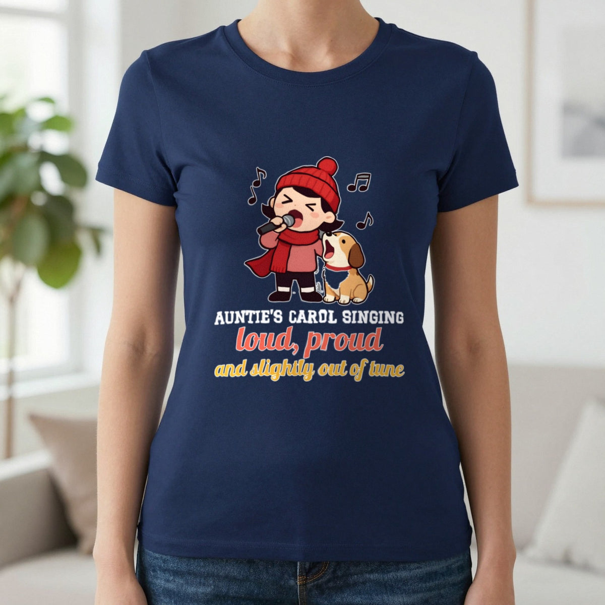 Personalised Carol Singing Christmas Jumper & T-Shirt T-Shirt in Navy, worn, our photo