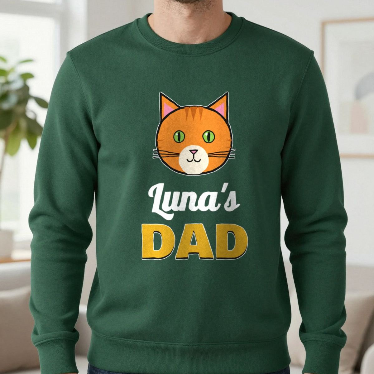 Personalised Cat Dad T-Shirt & Sweatshirt Sweatshirt in Forest Green, worn, our photo