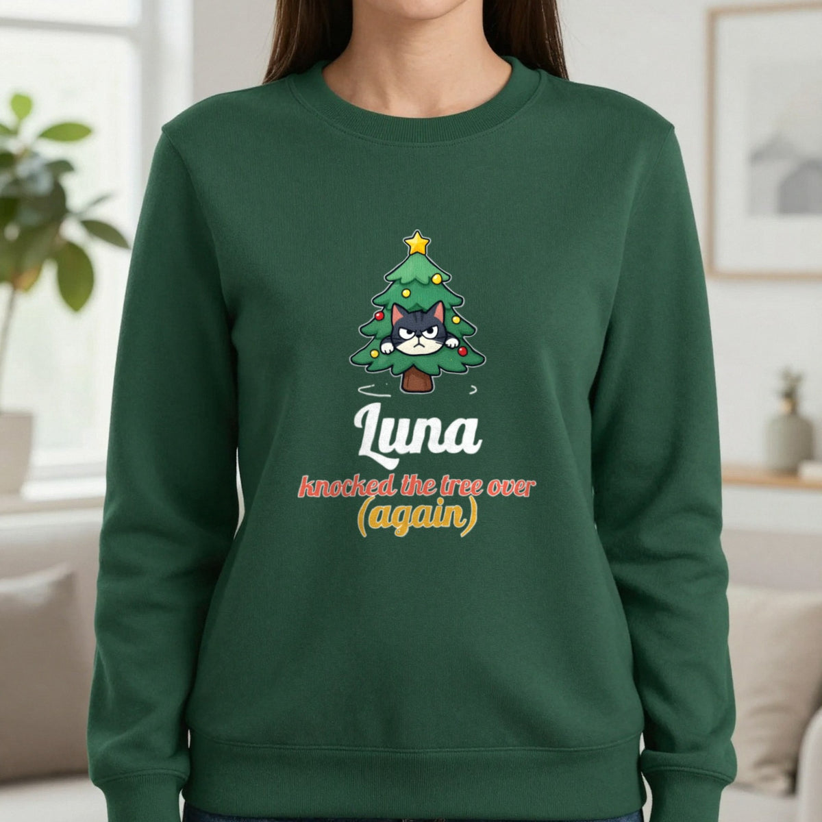 Personalised Cat Knocked The Tree Over Christmas Jumper & T-Shirt Sweatshirt in Forest Green, worn, our photo