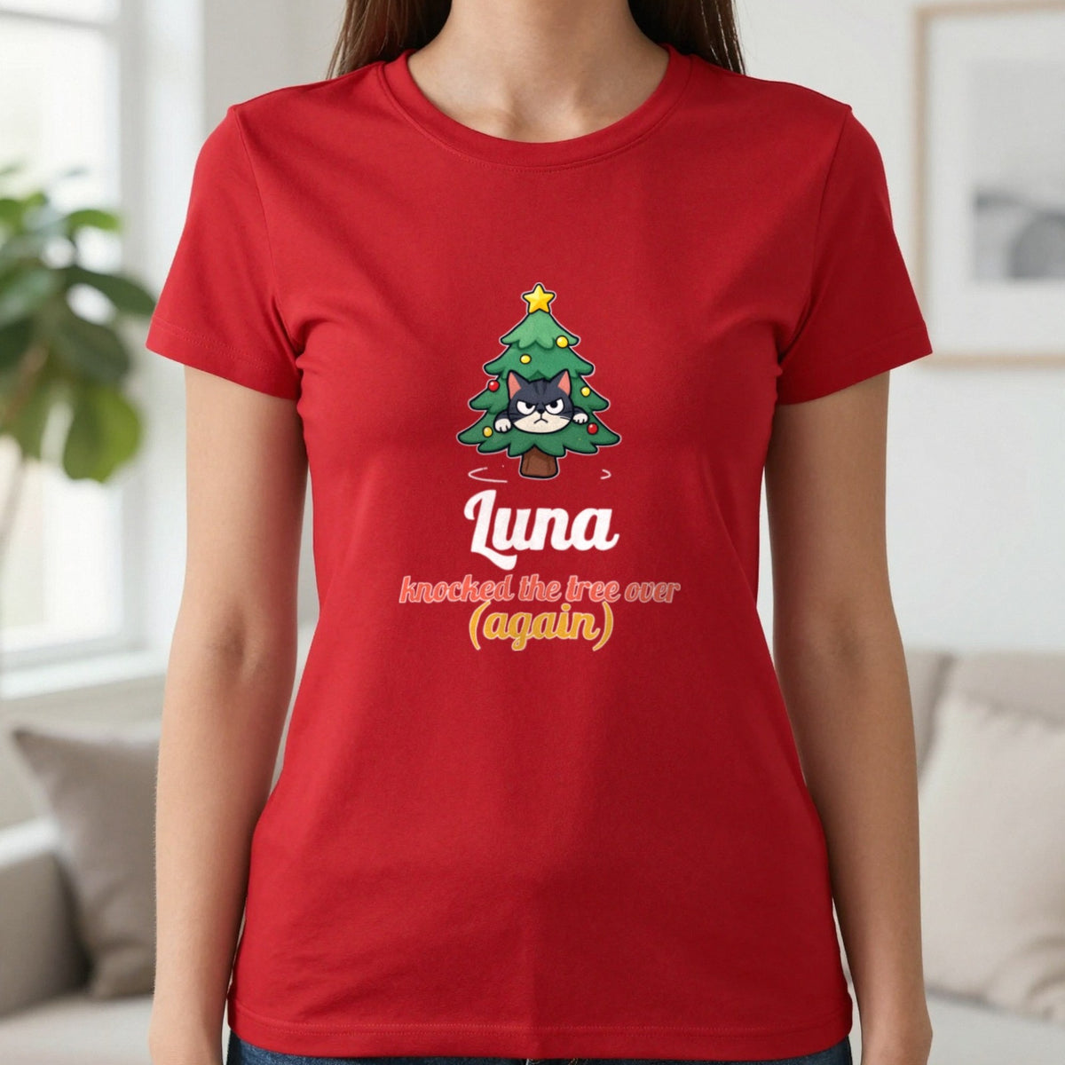 Personalised Cat Knocked The Tree Over Christmas Jumper & T-Shirt T-Shirt in Red, worn, our photo