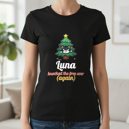 Personalised Cat Knocked The Tree Over Christmas Jumper & T-Shirt T-Shirt in Black, worn, our photo