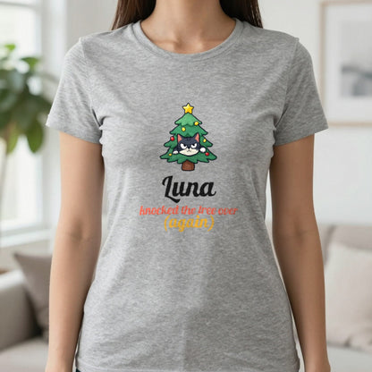 Personalised Cat Knocked The Tree Over Christmas Jumper & T-Shirt T-Shirt in Sport Grey, worn, our photo