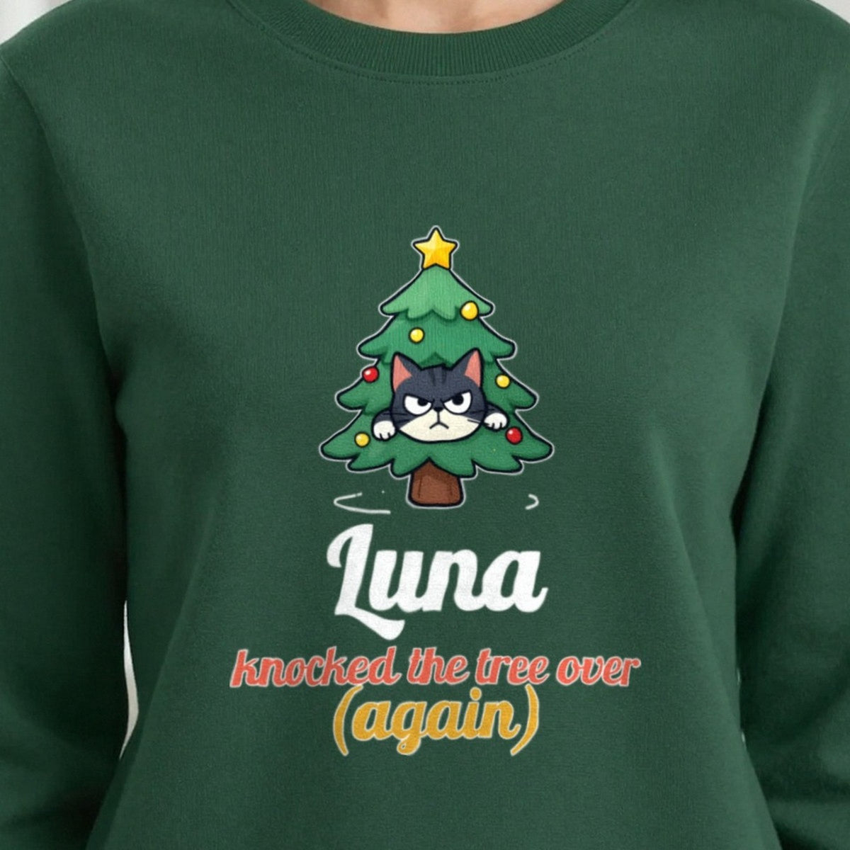 Personalised Cat Knocked The Tree Over Christmas Jumper & T-Shirt print close-up, our photo