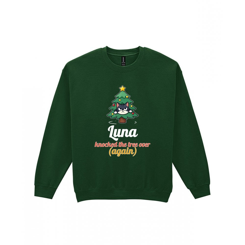 Personalised Cat Knocked The Tree Over Christmas Jumper & T-Shirt laid flat
