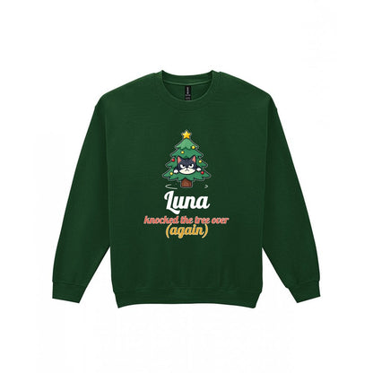 Personalised Cat Knocked The Tree Over Christmas Jumper & T-Shirt laid flat