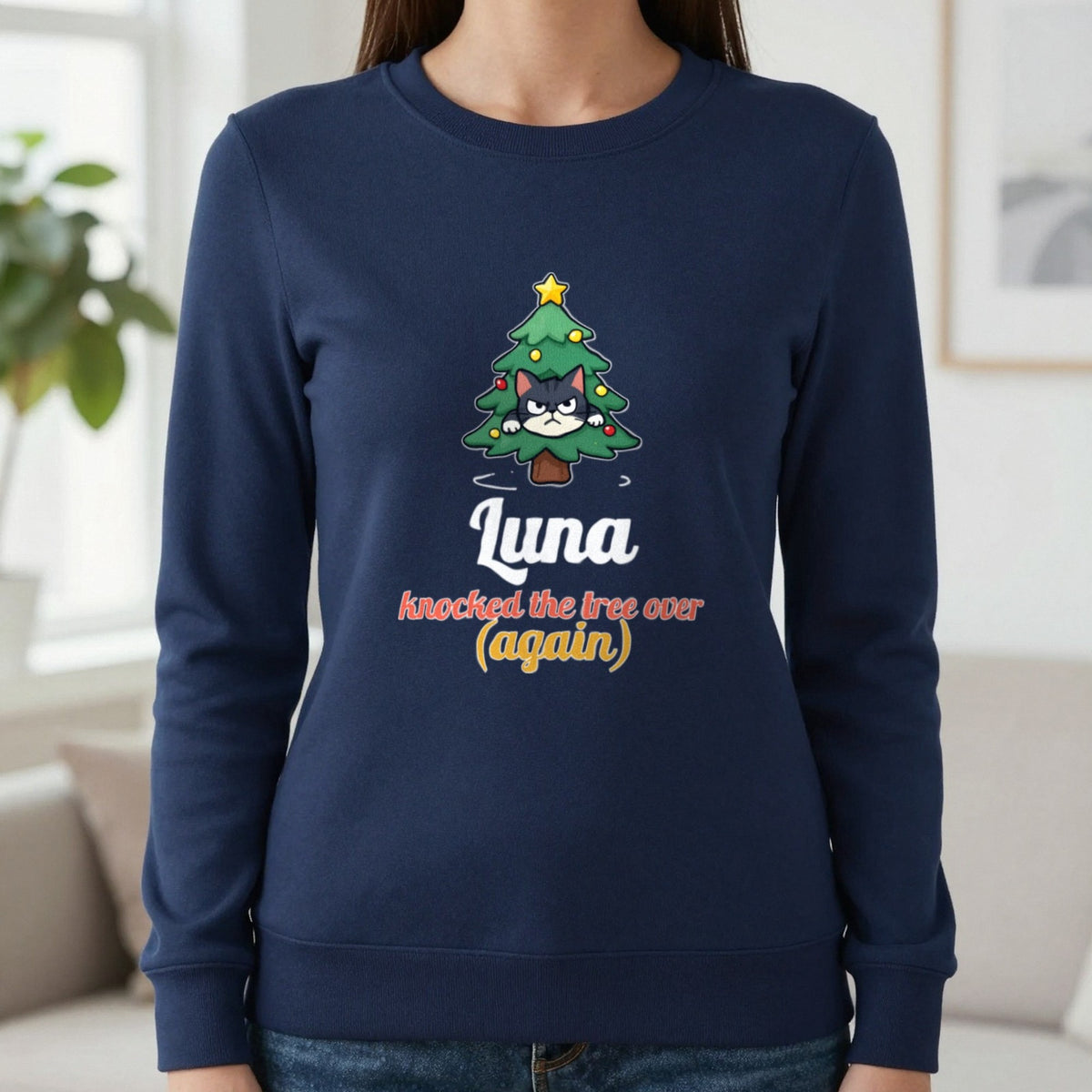 Personalised Cat Knocked The Tree Over Christmas Jumper & T-Shirt Sweatshirt in Navy, worn, our photo