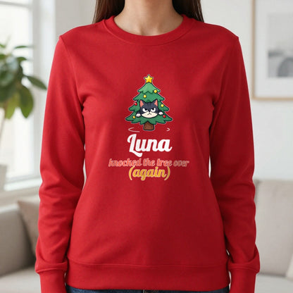 Personalised Cat Knocked The Tree Over Christmas Jumper & T-Shirt Sweatshirt in Red, worn, our photo