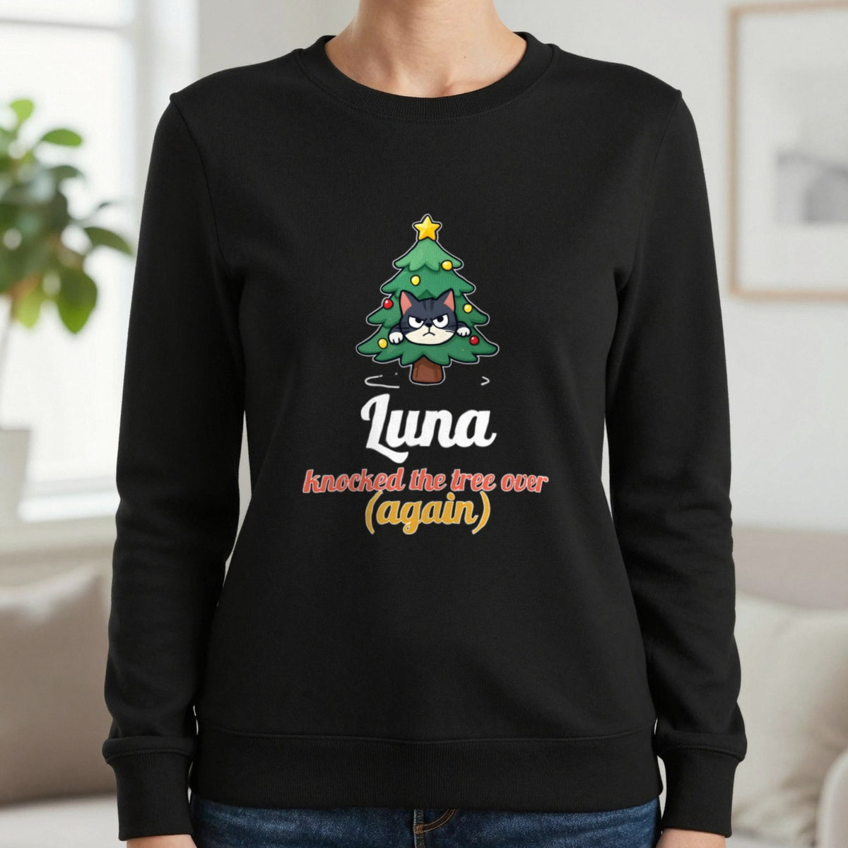 Personalised Cat Knocked The Tree Over Christmas Jumper & T-Shirt Sweatshirt in Black, worn, our photo