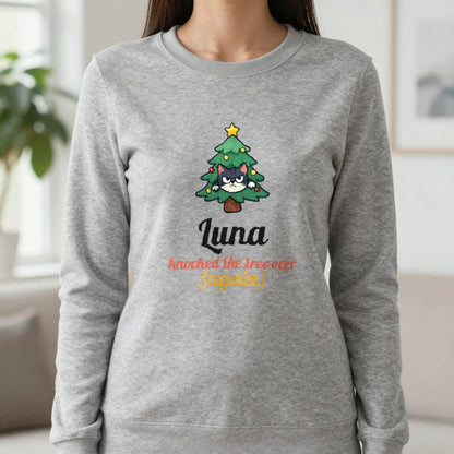 Personalised Cat Knocked The Tree Over Christmas Jumper & T-Shirt Sweatshirt in Sport Grey, worn, our photo