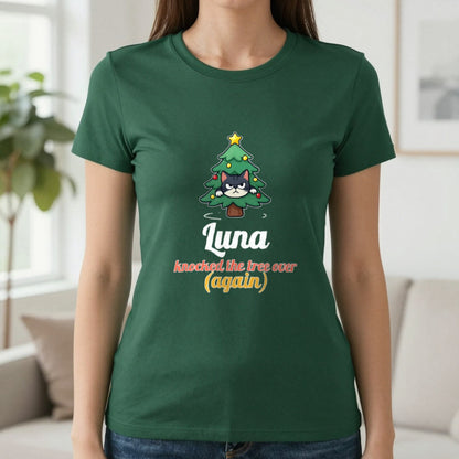 Personalised Cat Knocked The Tree Over Christmas Jumper & T-Shirt T-Shirt in Forest Green, worn, our photo