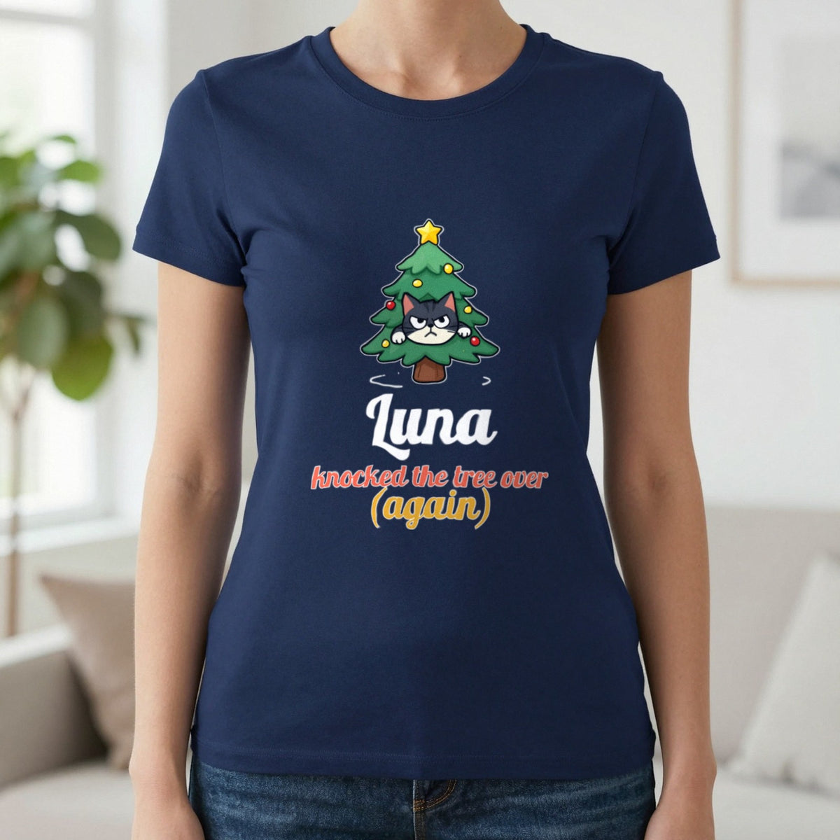 Personalised Cat Knocked The Tree Over Christmas Jumper & T-Shirt T-Shirt in Navy, worn, our photo