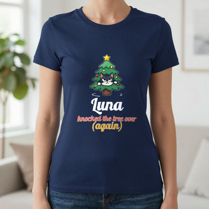 Personalised Cat Knocked The Tree Over Christmas Jumper & T-Shirt T-Shirt in Navy, worn, our photo
