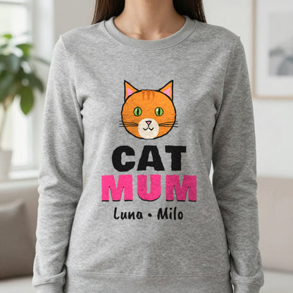 Personalised Cat Mum T-Shirt & Sweatshirt Sweatshirt in Sport Grey, worn, our photo
