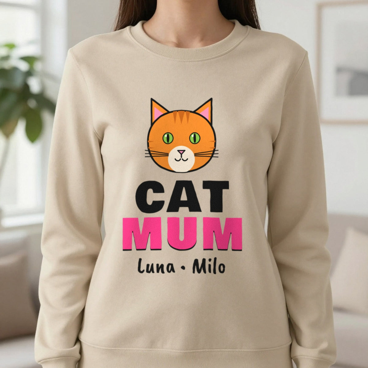 Personalised Cat Mum T-Shirt & Sweatshirt Sweatshirt in Sand, worn, our photo