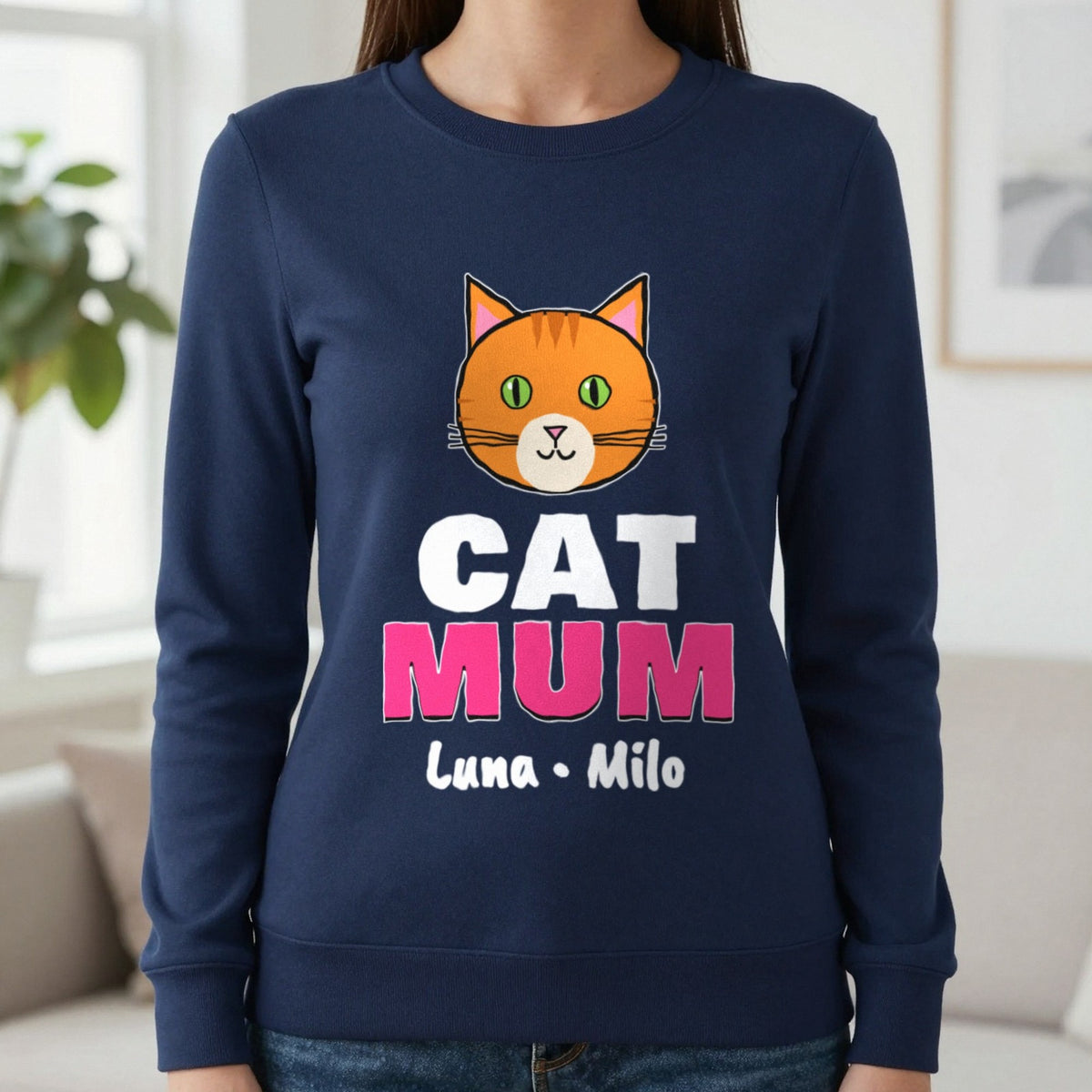Personalised Cat Mum T-Shirt & Sweatshirt Sweatshirt in Navy, worn, our photo