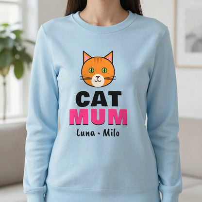 Personalised Cat Mum T-Shirt & Sweatshirt Sweatshirt in Light Blue, worn, our photo