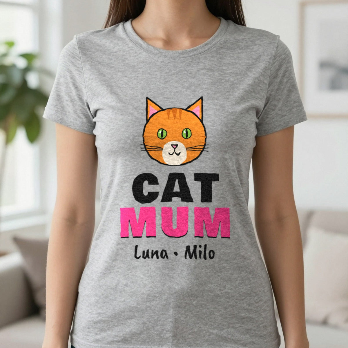 Personalised Cat Mum T-Shirt & Sweatshirt T-Shirt in Sport Grey, worn, our photo