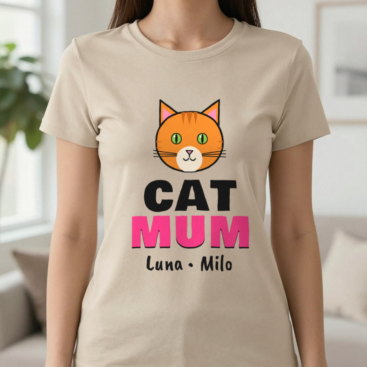 Personalised Cat Mum T-Shirt & Sweatshirt T-Shirt in Sand, worn, our photo