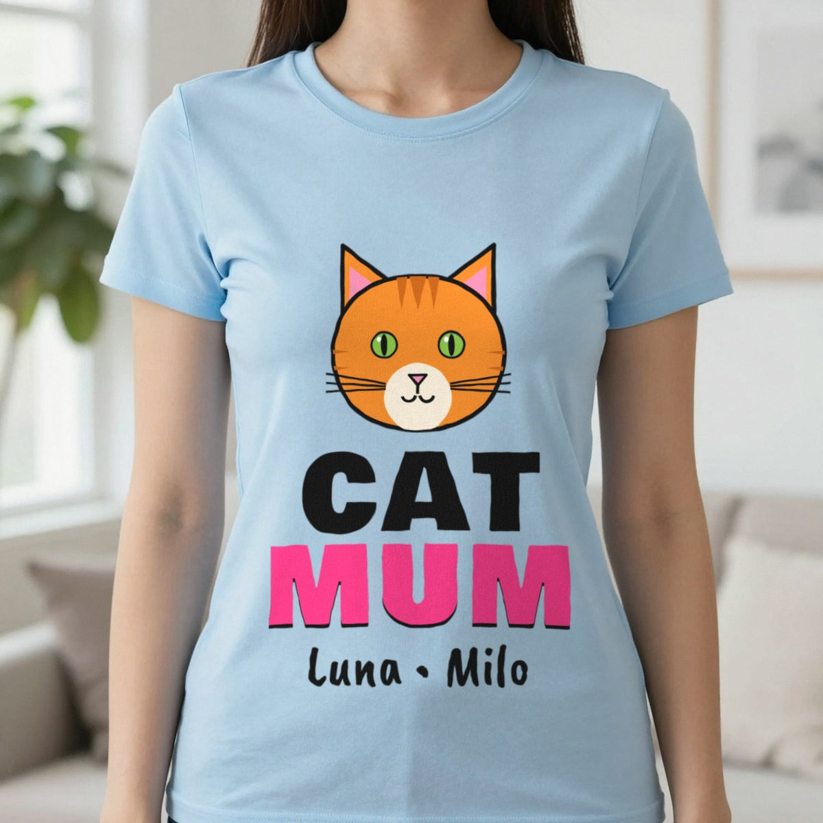 Personalised Cat Mum T-Shirt & Sweatshirt T-Shirt in Light Blue, worn, our photo