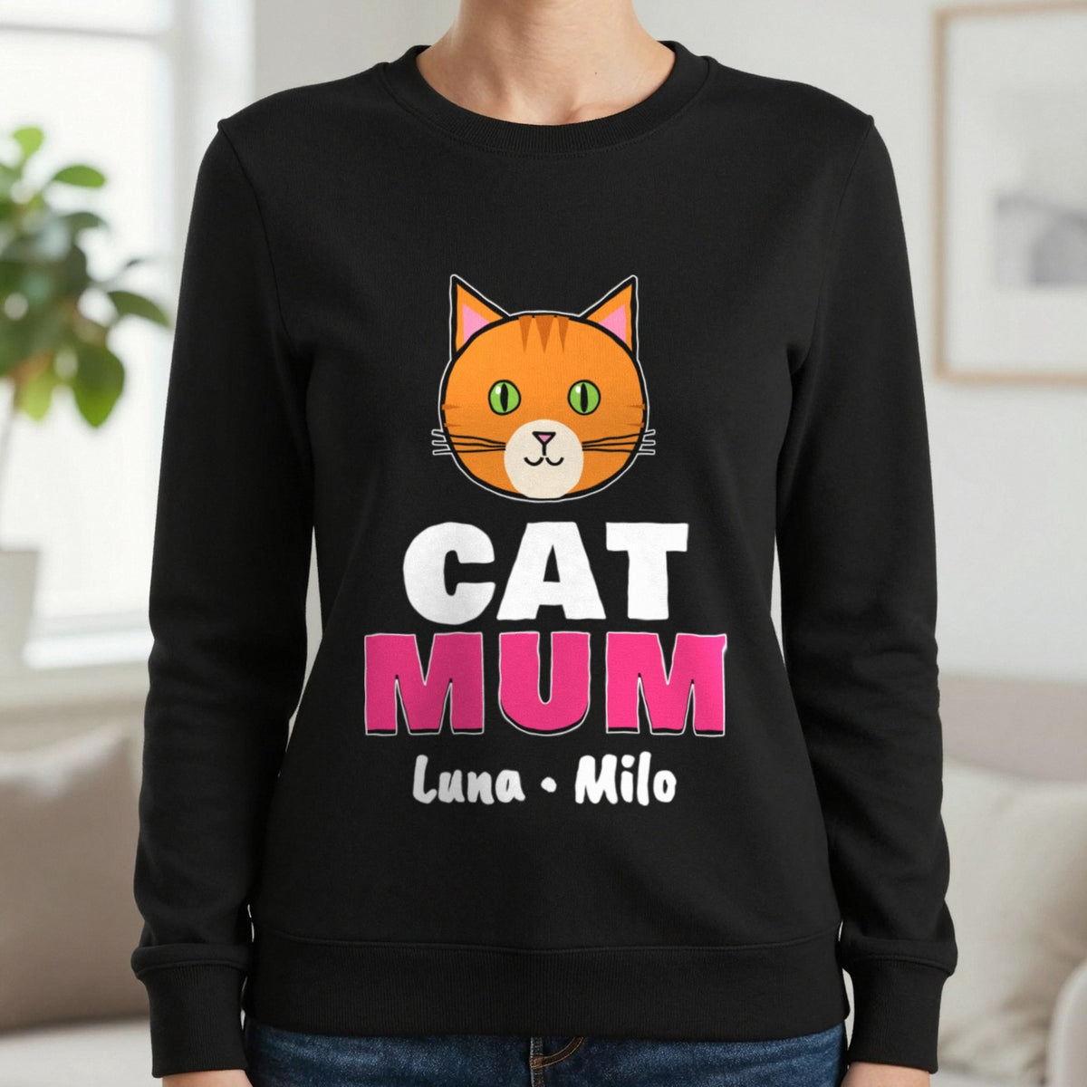 Personalised Cat Mum T-Shirt & Sweatshirt Sweatshirt in Black, worn, our photo
