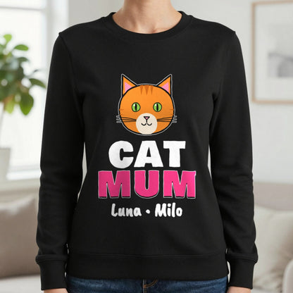 Personalised Cat Mum T-Shirt & Sweatshirt Sweatshirt in Black, worn, our photo