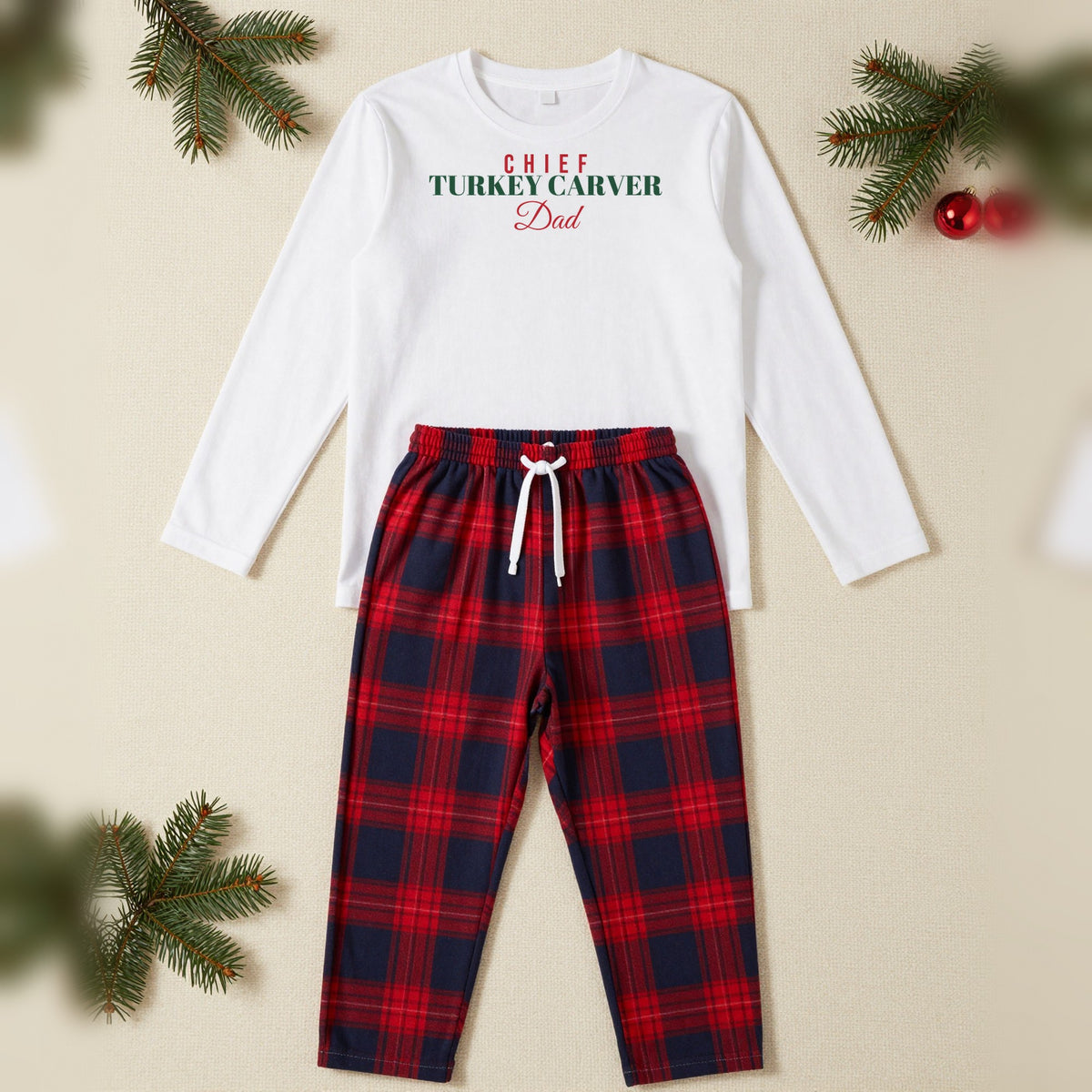 Chief Turkey Carver Personalised Christmas Pyjamas, Adult in White / Red Tartan, our photo
