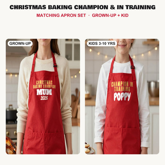 Christmas Baking Champion & In Training matching apron set in Red: grown-up and kids aprons, our photo