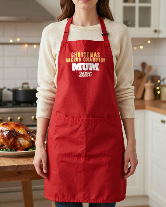 Christmas Baking Champion & In Training grown-up apron, worn