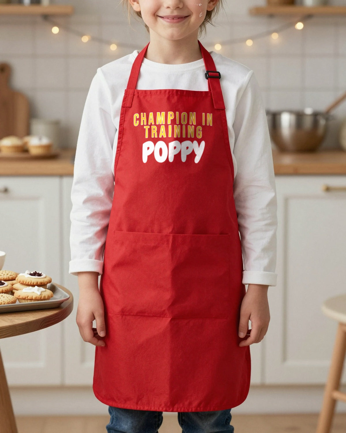 Christmas Baking Champion & In Training kids apron, worn
