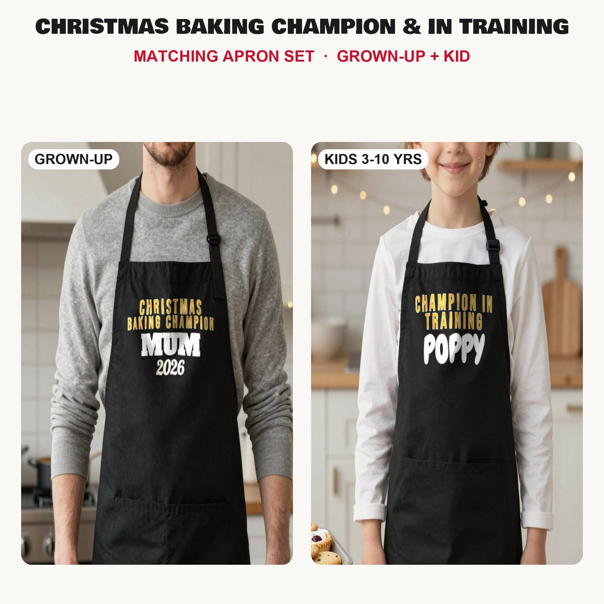 Christmas Baking Champion & In Training matching apron set in Black: grown-up and kids aprons, our photo