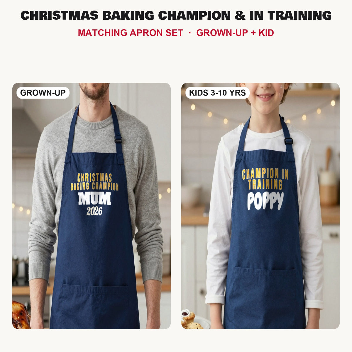 Christmas Baking Champion & In Training matching apron set in Navy: grown-up and kids aprons, our photo