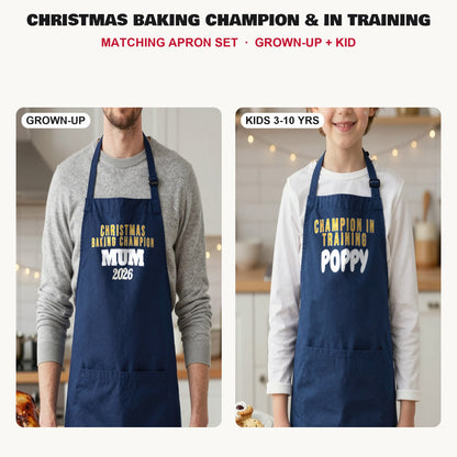Christmas Baking Champion & In Training matching apron set in Navy: grown-up and kids aprons, our photo