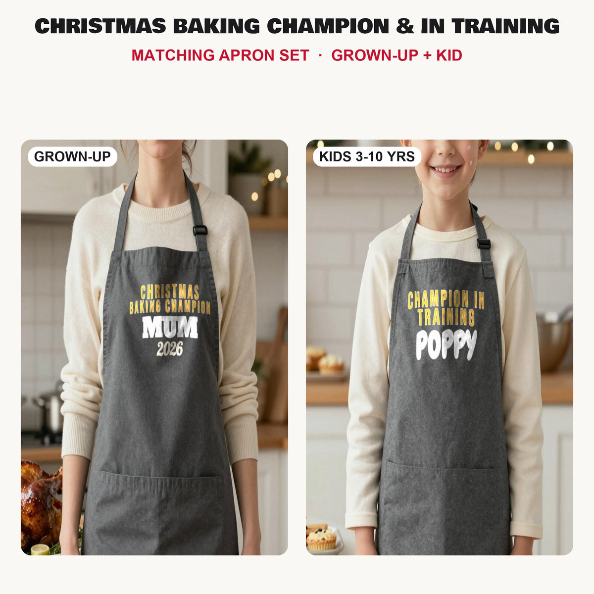 Christmas Baking Champion & In Training matching apron set in Dark Grey: grown-up and kids aprons, our photo