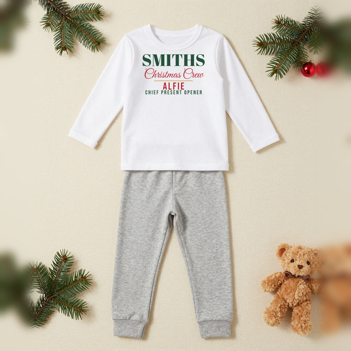 Christmas Crew Job Titles Personalised Matching Family Christmas Pyjamas Set, Kids in White / Grey, our photo
