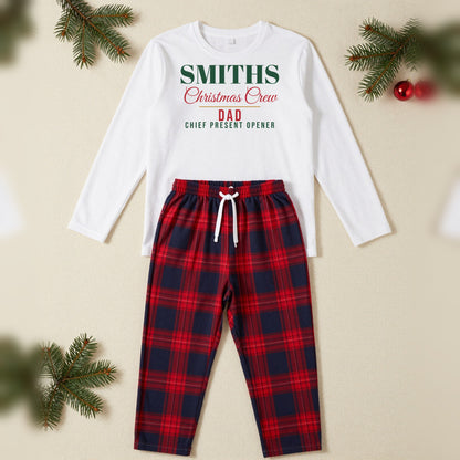 Christmas Crew Job Titles Personalised Matching Family Christmas Pyjamas Set, Adult in White / Red Tartan, our photo