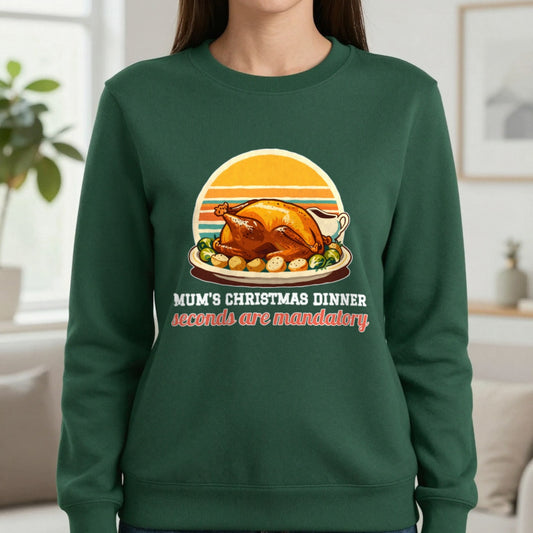 Personalised Christmas Dinner Christmas Jumper & T-Shirt Sweatshirt in Forest Green, worn, our photo
