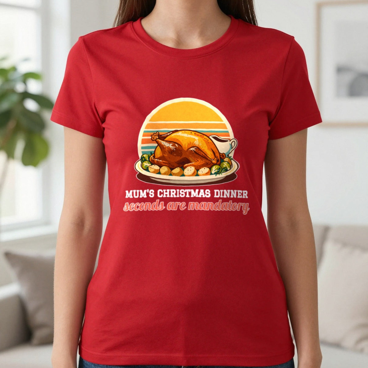 Personalised Christmas Dinner Christmas Jumper & T-Shirt T-Shirt in Red, worn, our photo